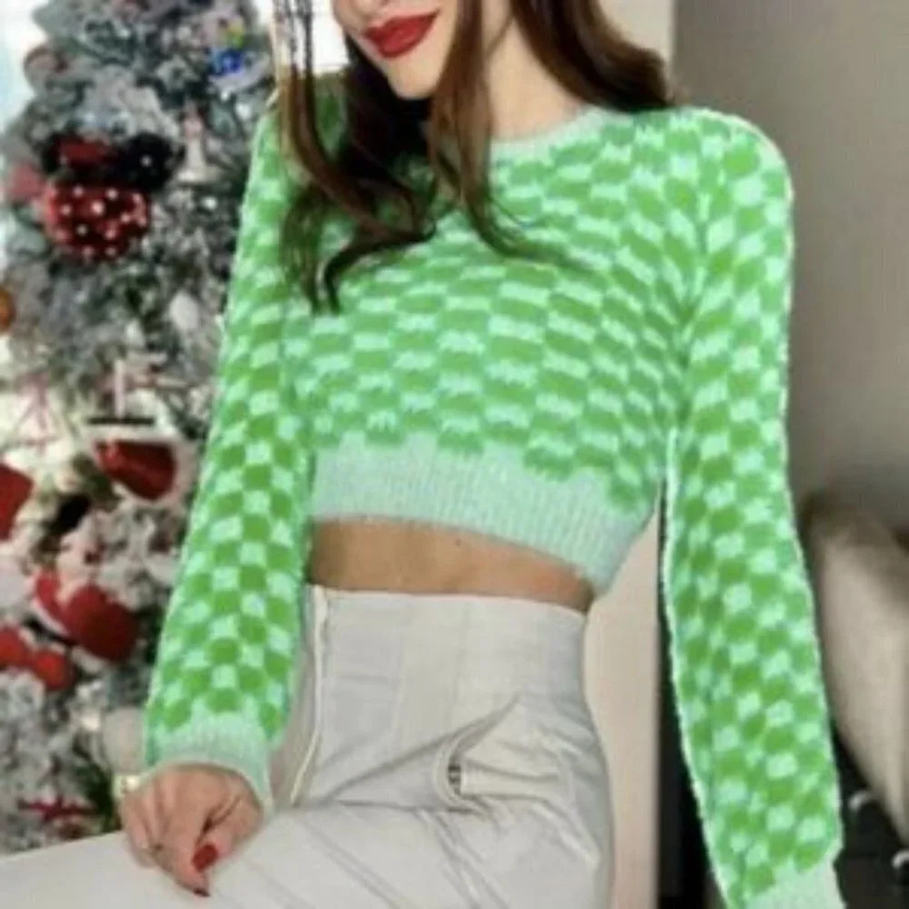 Zara Check Fuzzy Soft Cropped Sweater Green Sz Medium - Picture 3 of 8